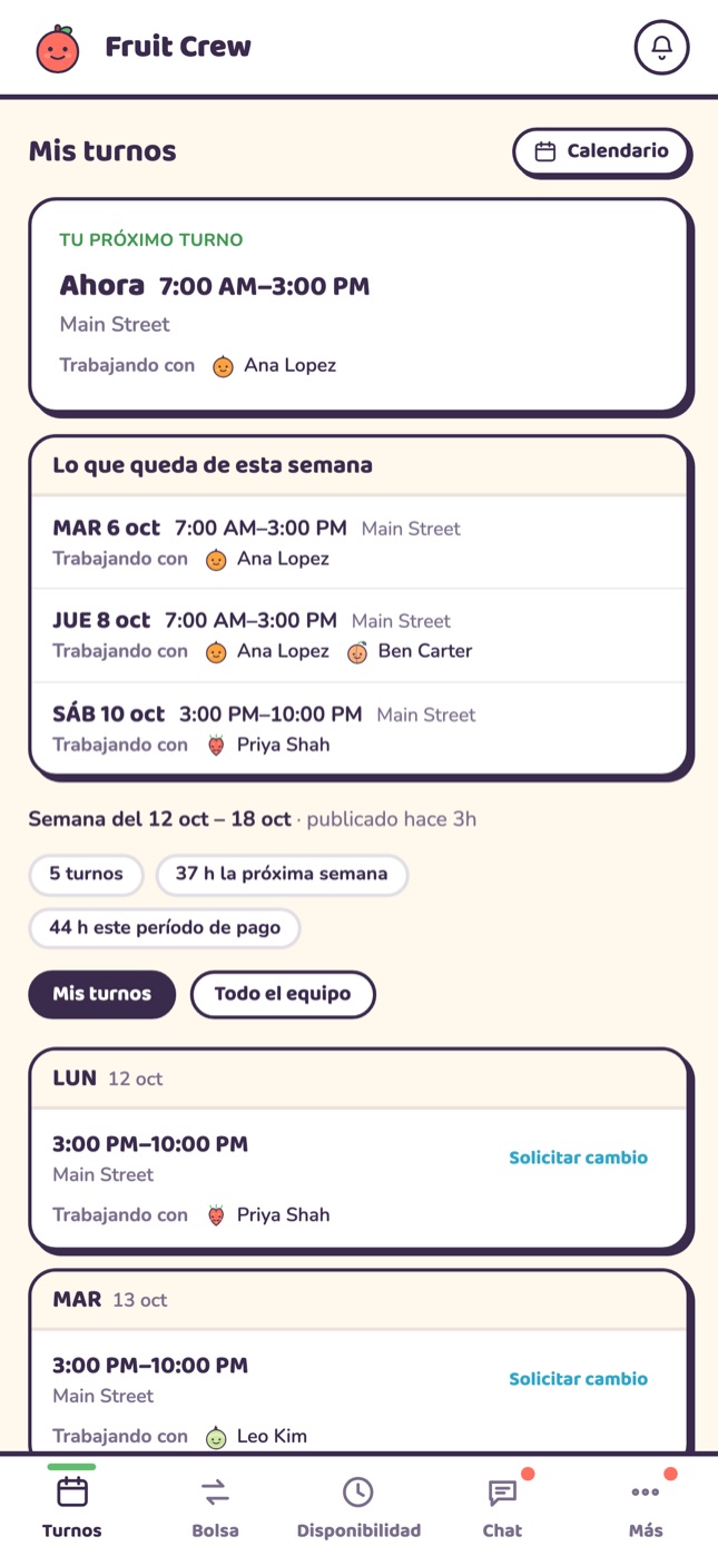 Fruit Crew en un móvil: el próximo turno de un trabajador, con quién trabaja y el resto de su semana