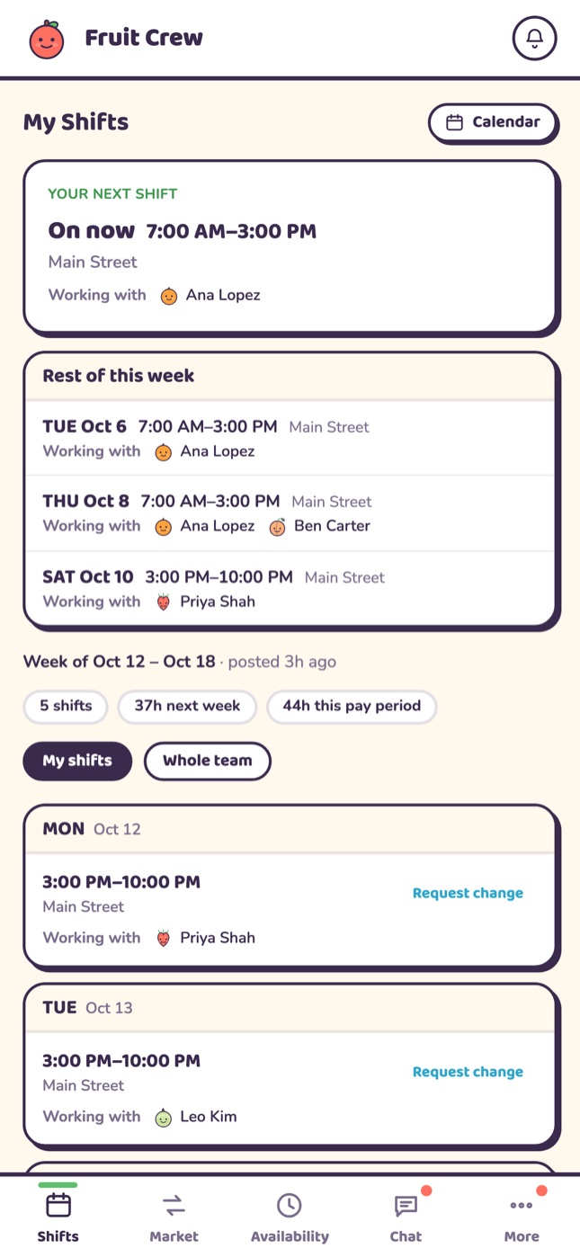 Fruit Crew on a phone: a worker's next shift, who they're working with, and the rest of their week